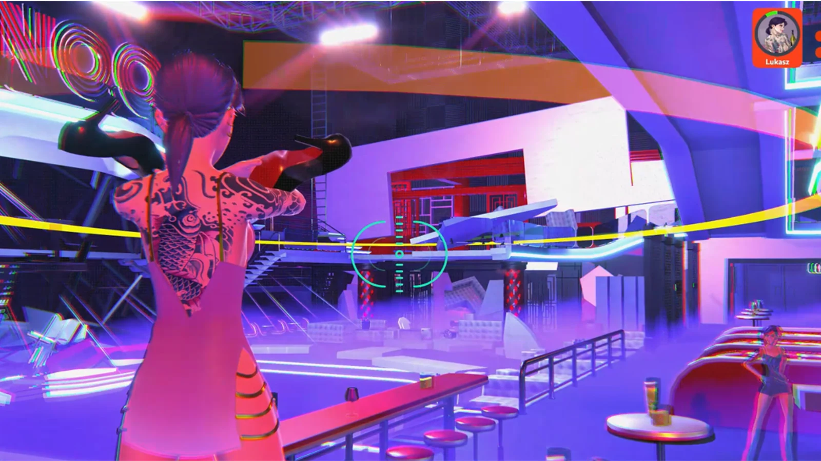Miki Gozen aims across a neon nightclub in My Angry Yakuza Girlfriend