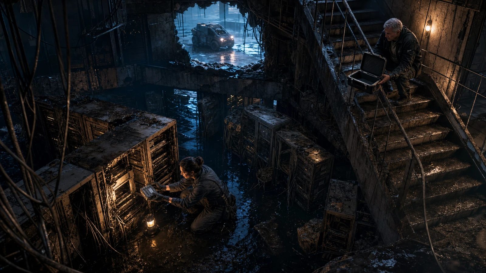 memory grid at night as adult crews work through settlement rails and private agents