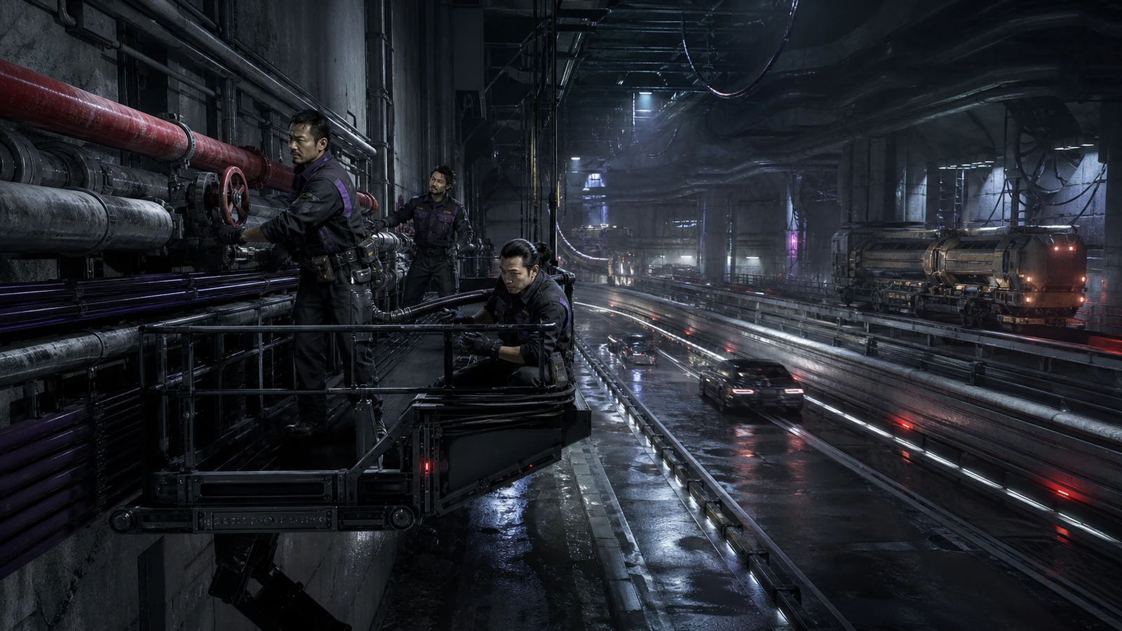 crew commons at night as adult crews work through settlement rails and private agents