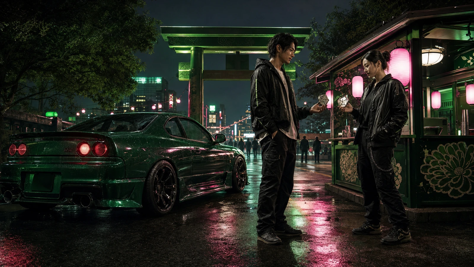 Two adult riders compare earned route badges beside a bright summer kiosk in a crowded night district