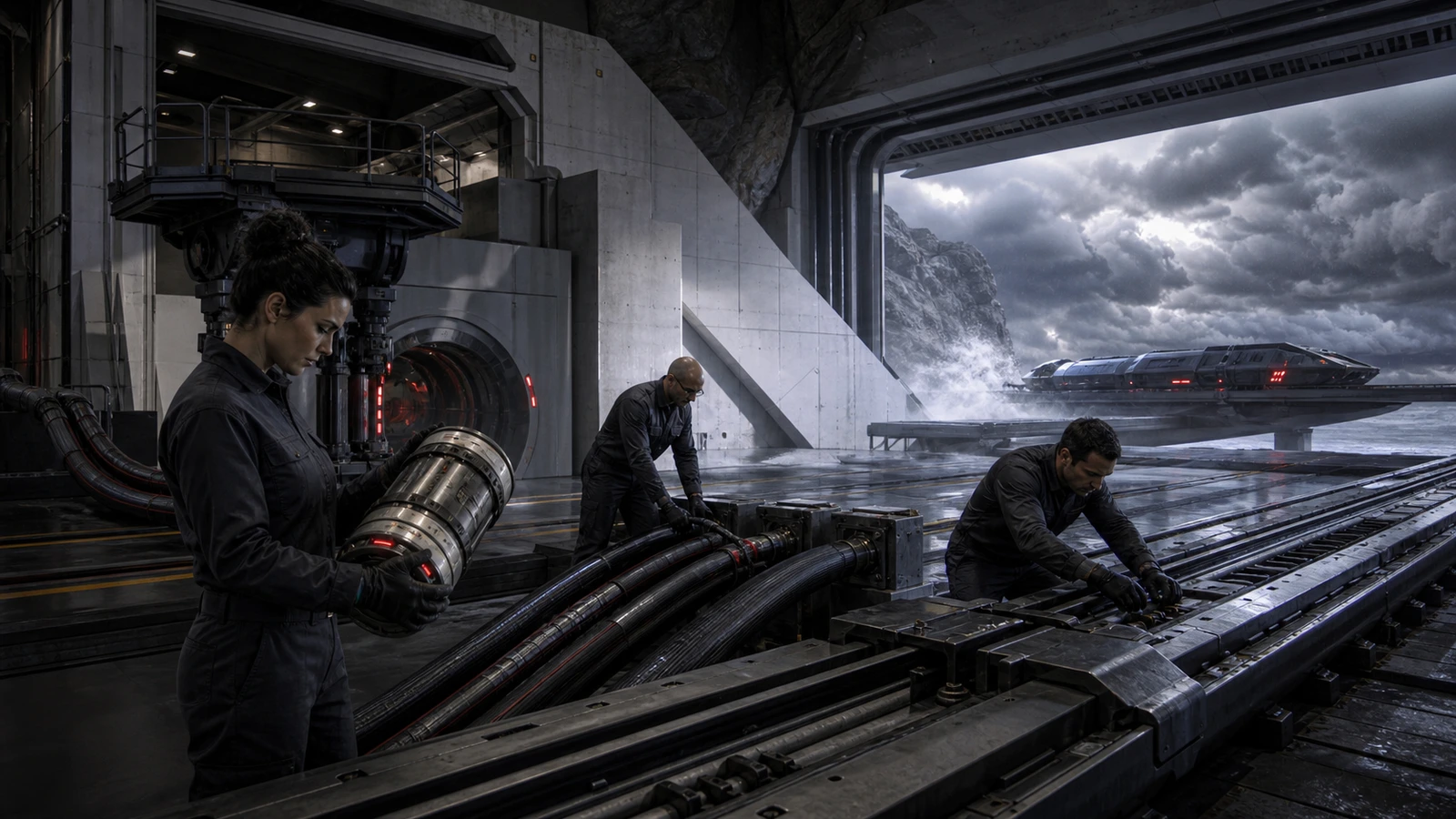 An adult market engineer studies a towering asset vault while a midnight convoy moves through an always-open exchange