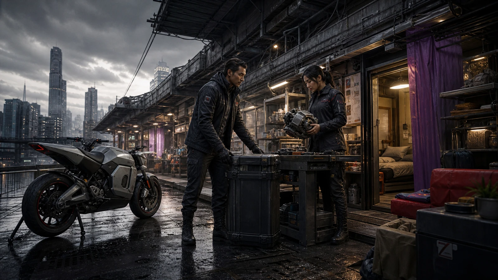Adult creators and autonomous service agents building a luminous inhabited district from a street-level studio