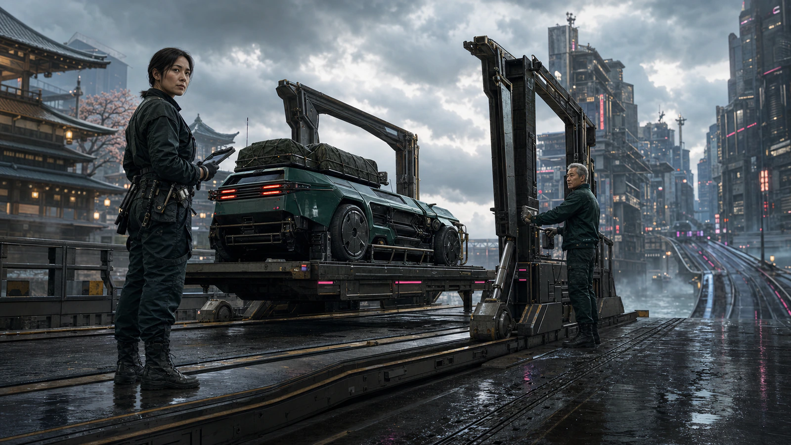 Adult settlement crews guiding tokenized vehicle parts and sealed asset containers through a rain-lit high-speed relay station