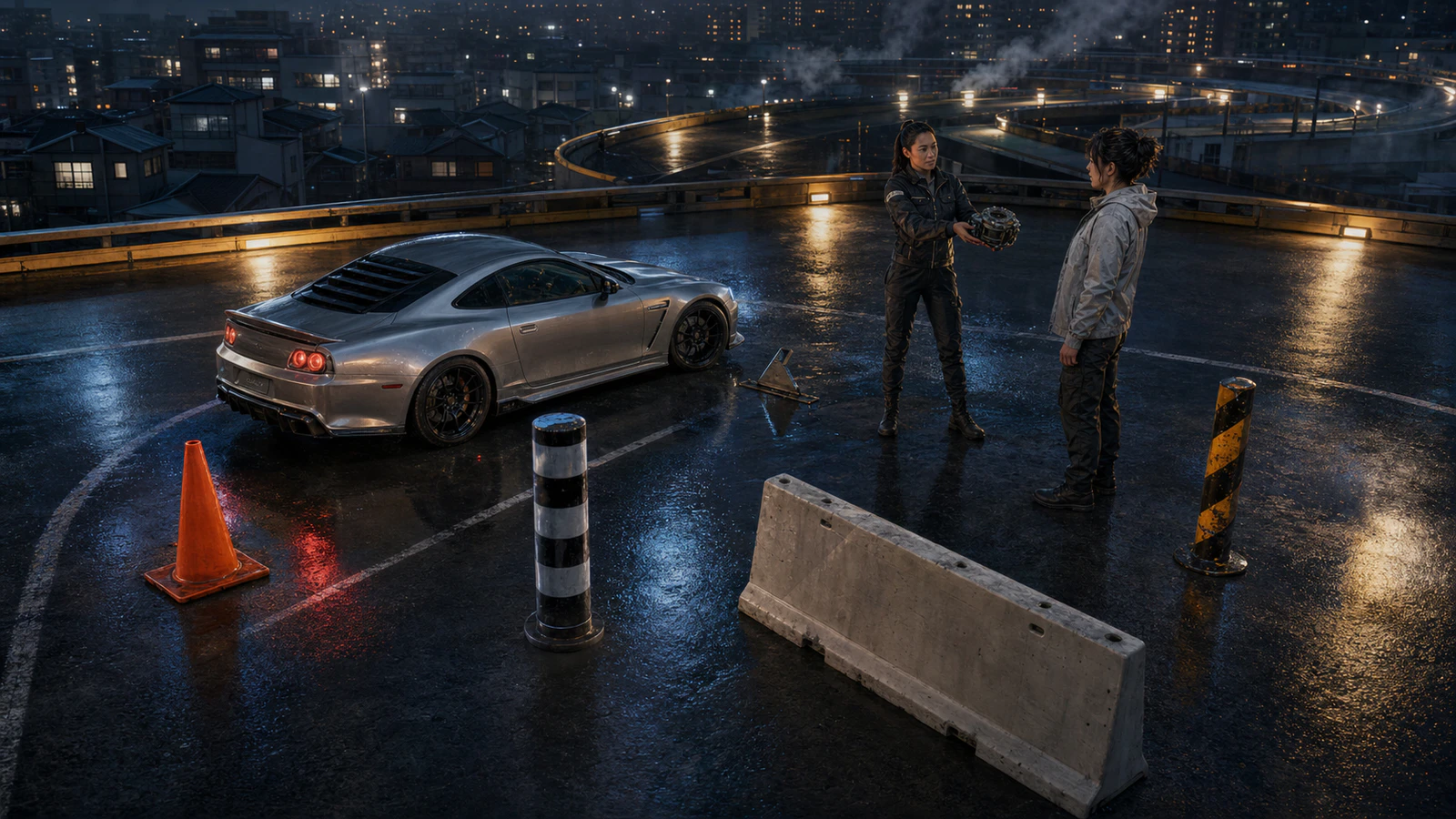 Adult racing crew entering a vast playable test district where land plots, survival gates, and a ranked season board are fully visible