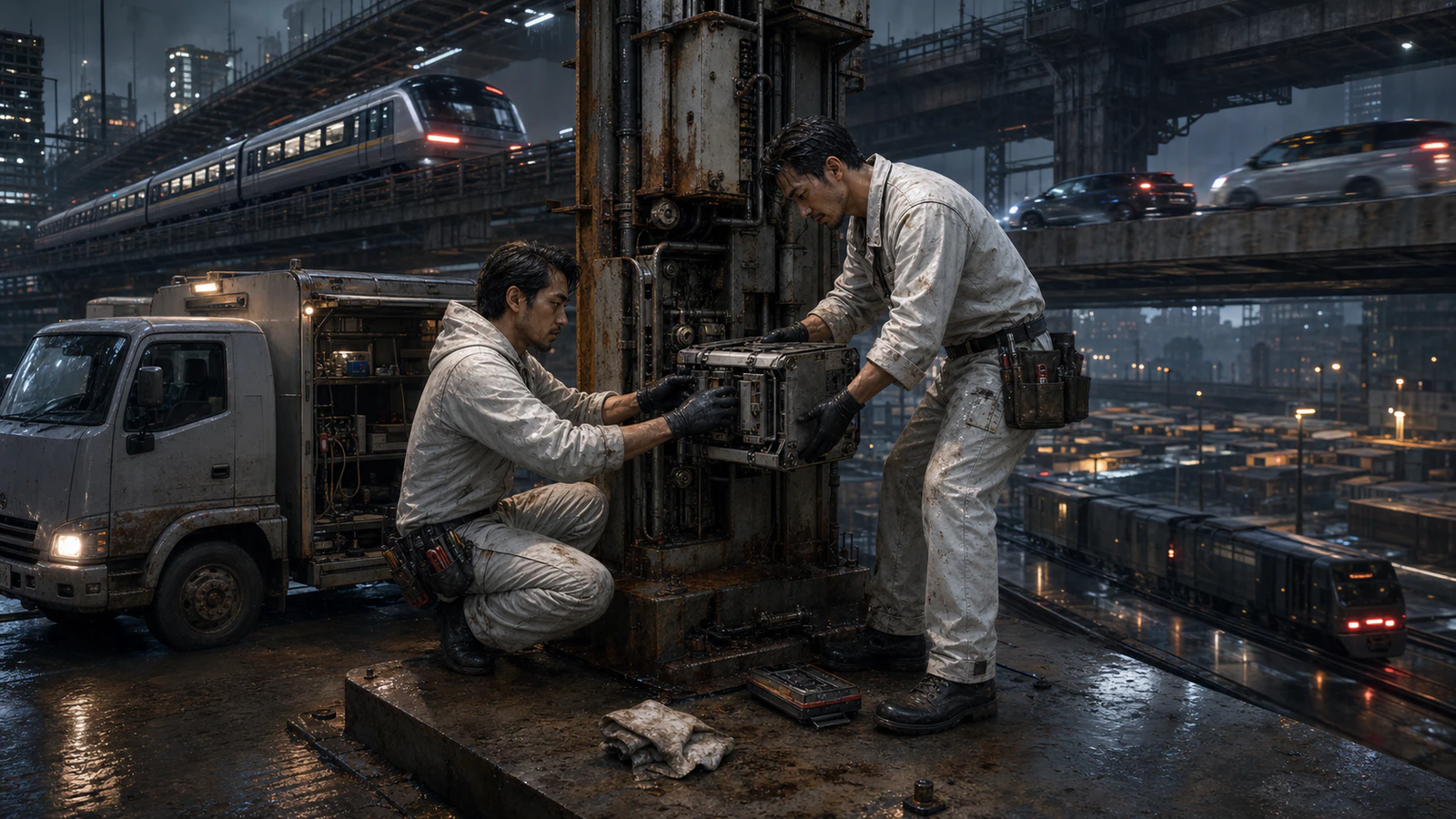 Adult network operators crossing a vast industrial compute floor where inference, rendered frames, and uptime appear on separate physical meters