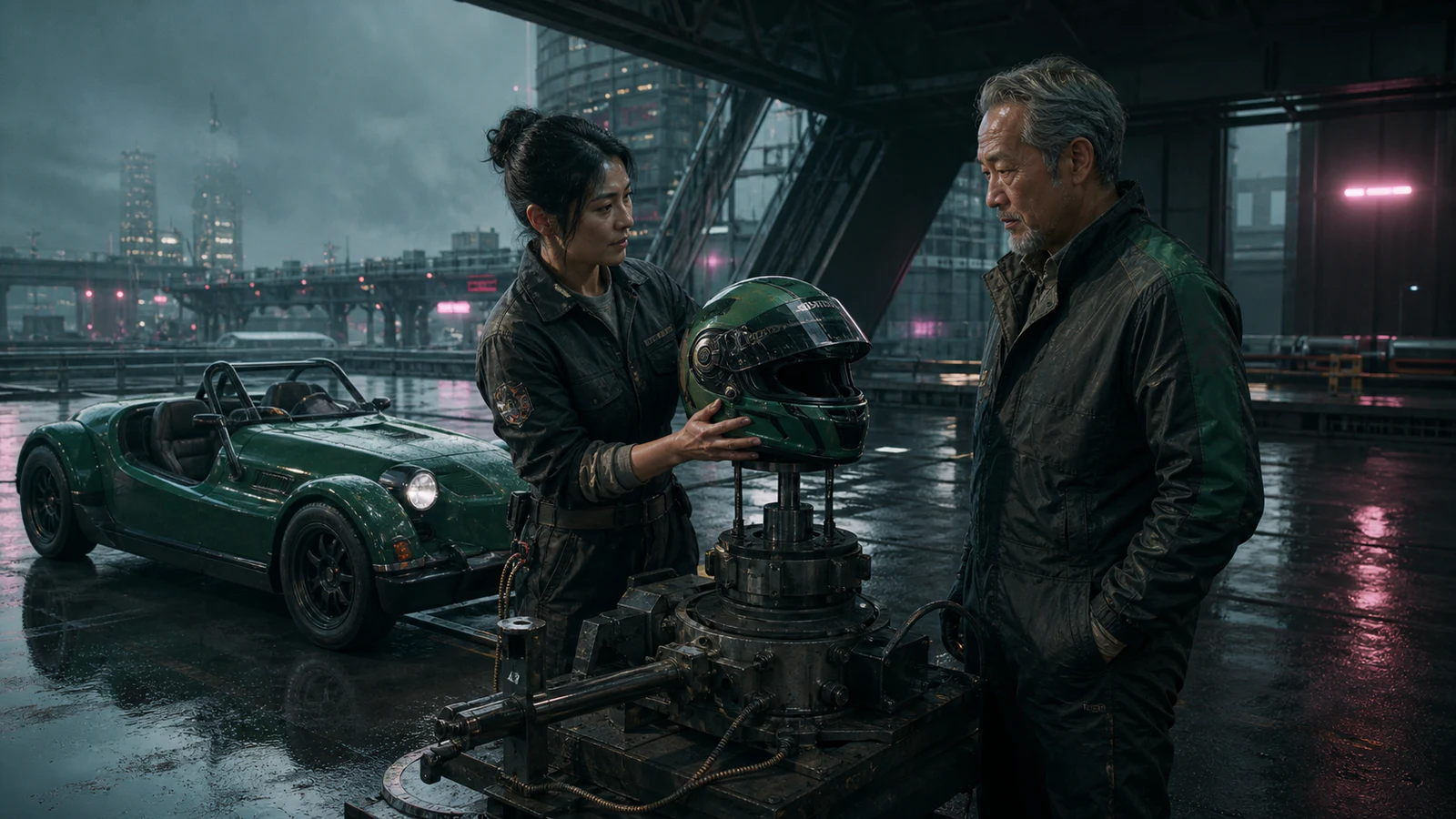 Adult collector in a neon garage inspecting an evolving creature, a productive land module, and a provenance display for owned gear