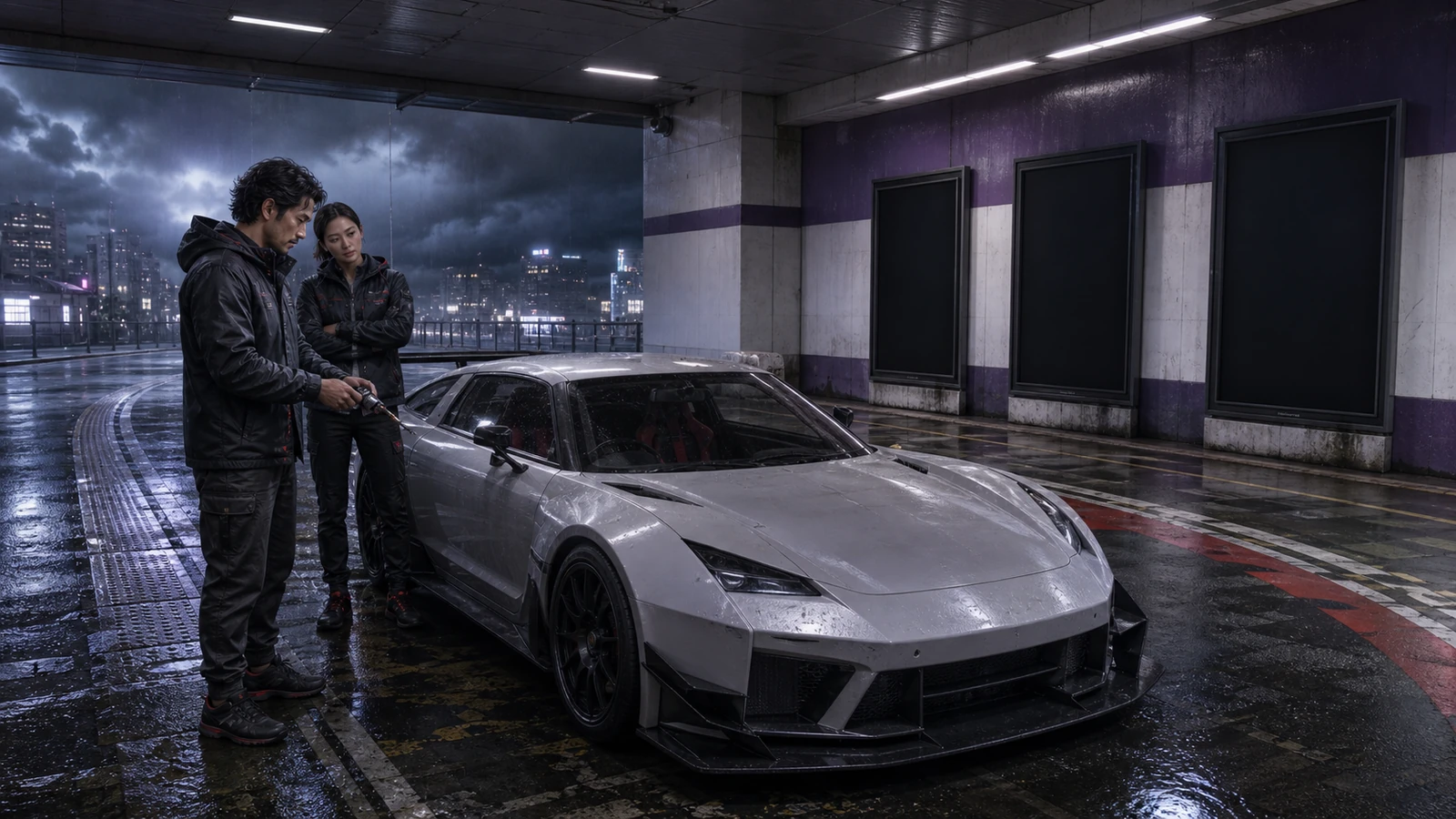 Two adult drivers verify a luminous collectible swap terminal inside a rain-dark garage market