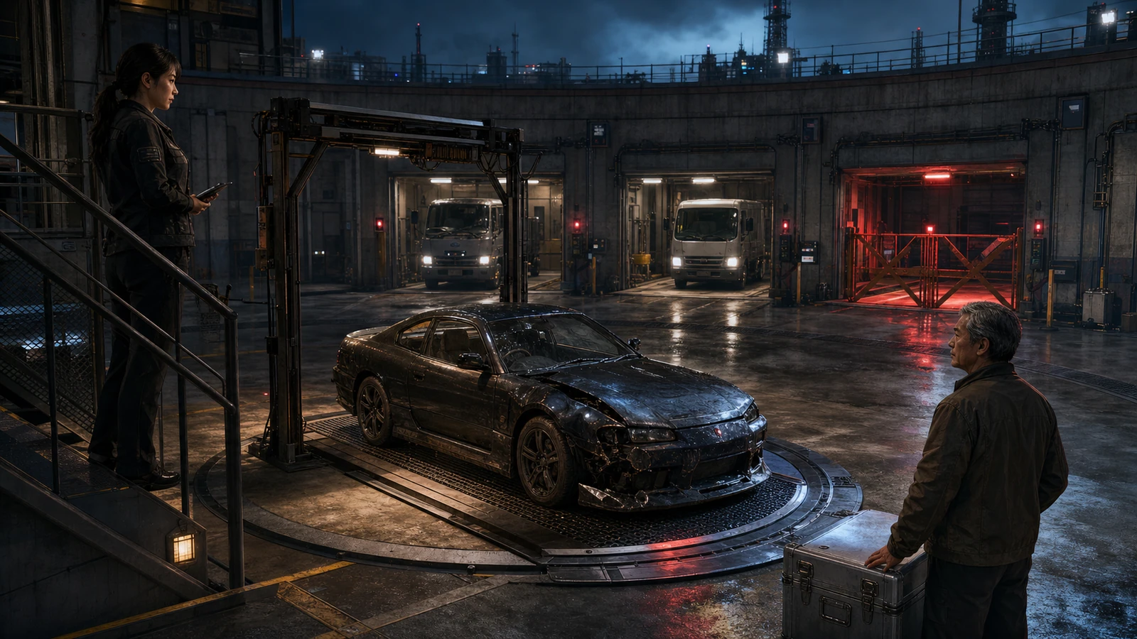 Adult route operators inspect one coupe and essential repairs inside a rain-lit dispatch hall
