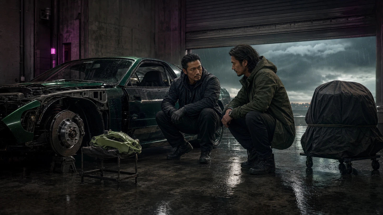 Adult route operators inspect one coupe and essential repairs inside a rain-lit dispatch hall
