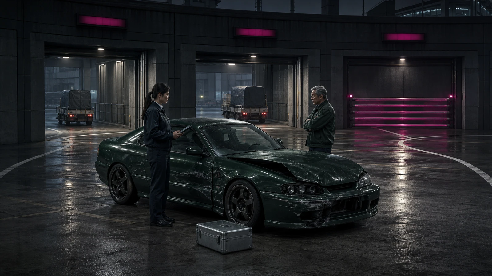 Adult route operators inspect one coupe and essential repairs inside a rain-lit dispatch hall