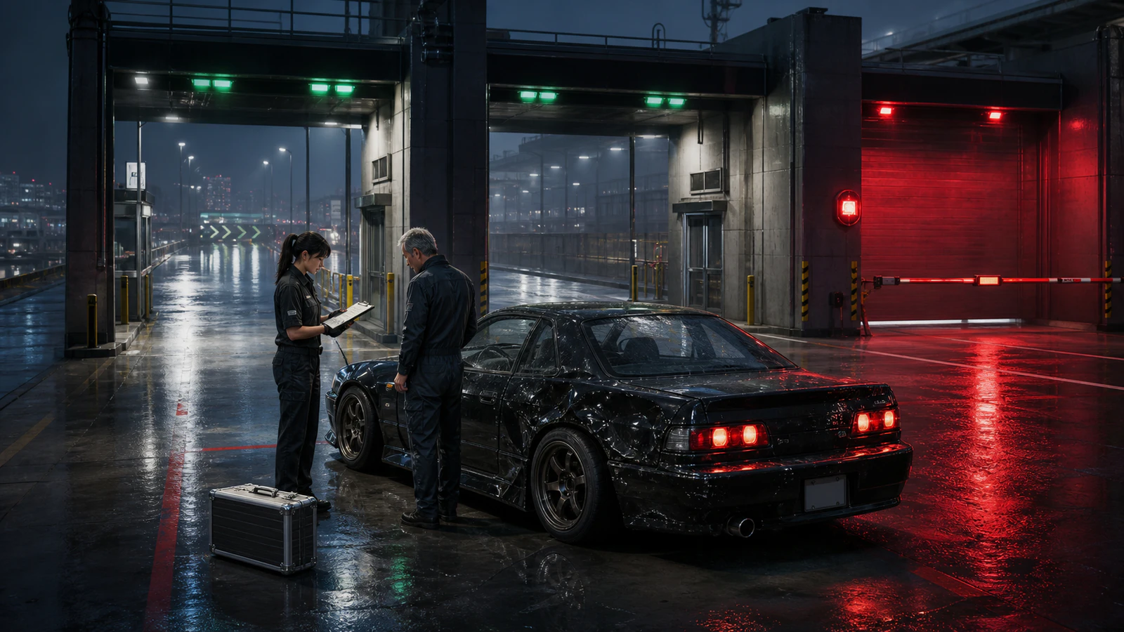 Yağmur ışıklı sevkiyat salonunda bir coupe ile gerekli onarımları inceleyen yetişkin rota operatörleri