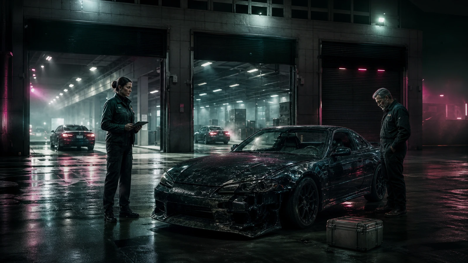 Adult route operators inspect one coupe and essential repairs inside a rain-lit dispatch hall