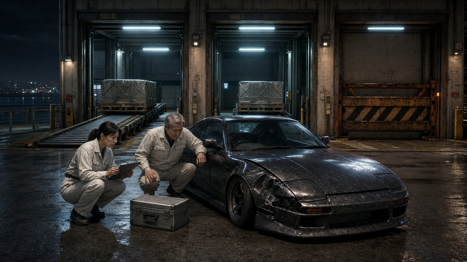 Adult route operators inspect one coupe and essential repairs inside a rain-lit dispatch hall