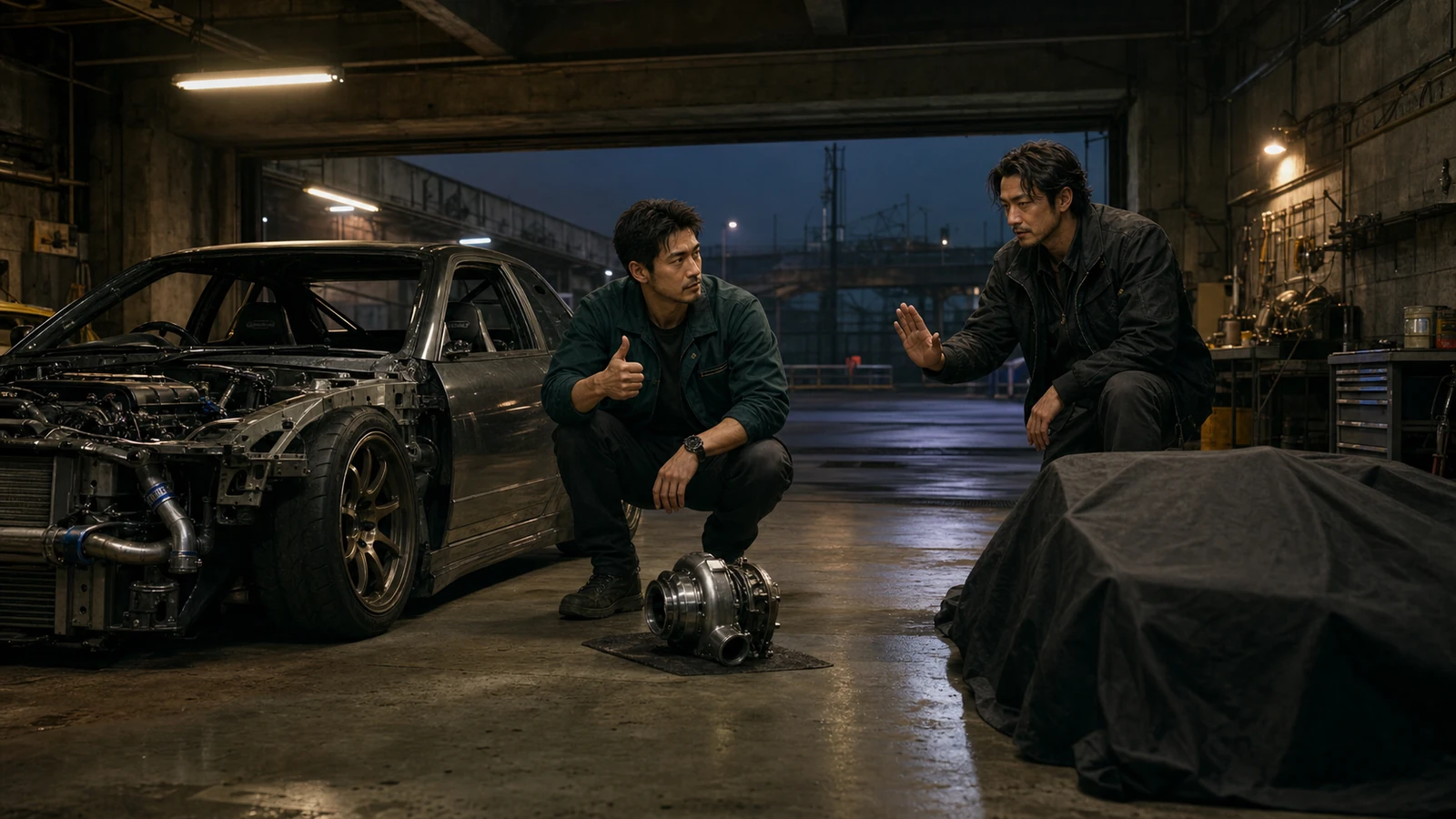 Adult route operators inspect one coupe and essential repairs inside a rain-lit dispatch hall