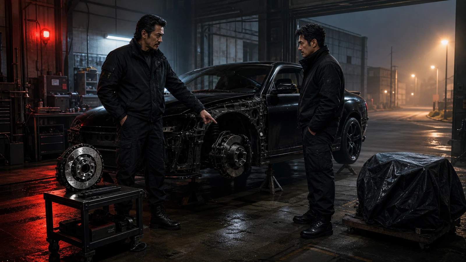 Adult route operators inspect one coupe and essential repairs inside a rain-lit dispatch hall